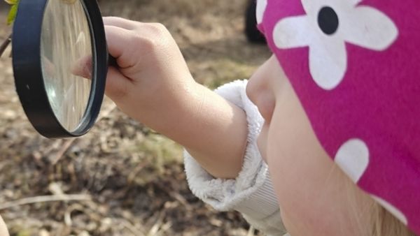Lapsi tutkii oksaa suurennuslasilla ulkona keväisessä maastossa. Oksassa on vihreitä silmuja, ja taustalla näkyy ruskeaa kuivaa heinikkoa. Lapsella on päässään pinkki pipo, jossa on valkoisia kukkakuvioita.