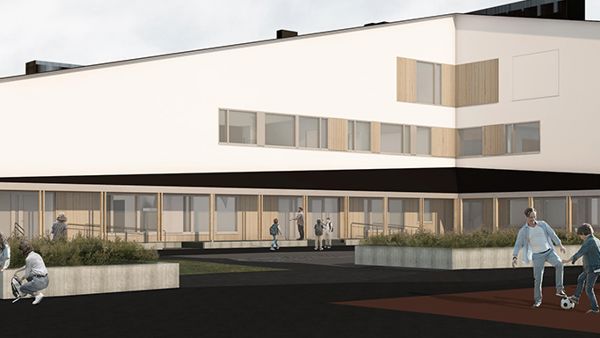 Kuvassa arkkitehtitoimiston havainne kuva tulevasta monitoimitalosta.