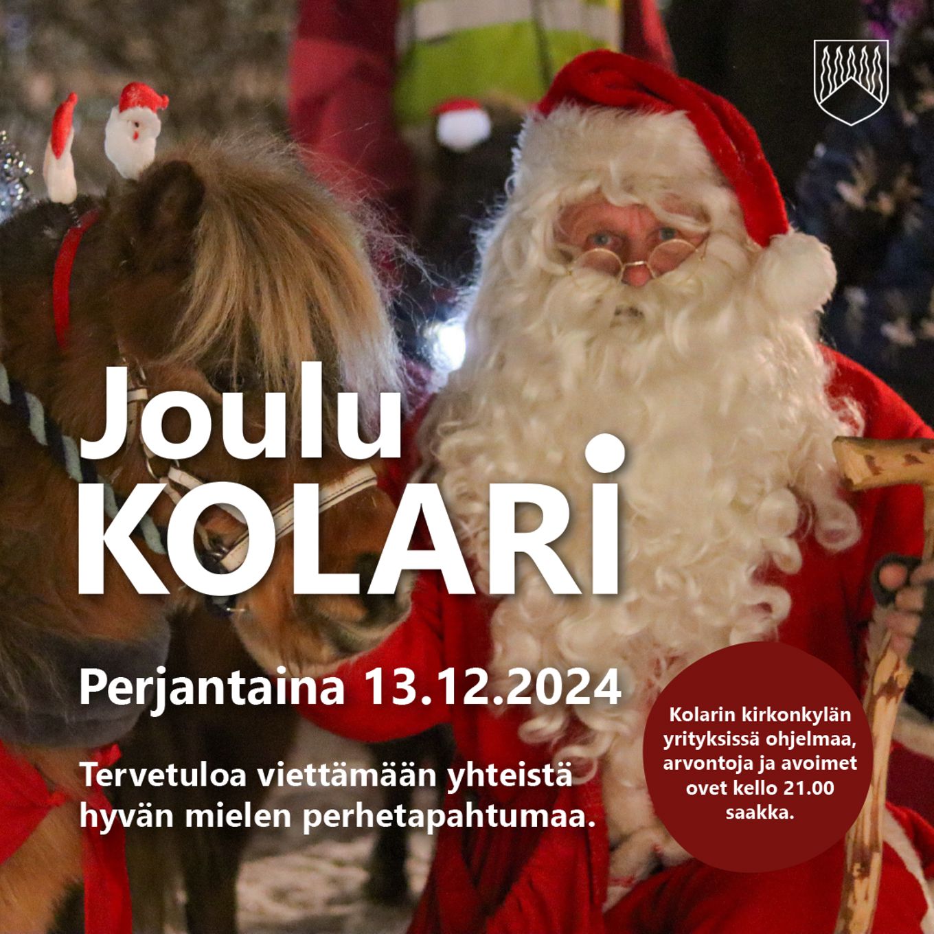 Joulupukki amerikan minihevosen kanssa JouluKOLARIssa vuonna 2023.