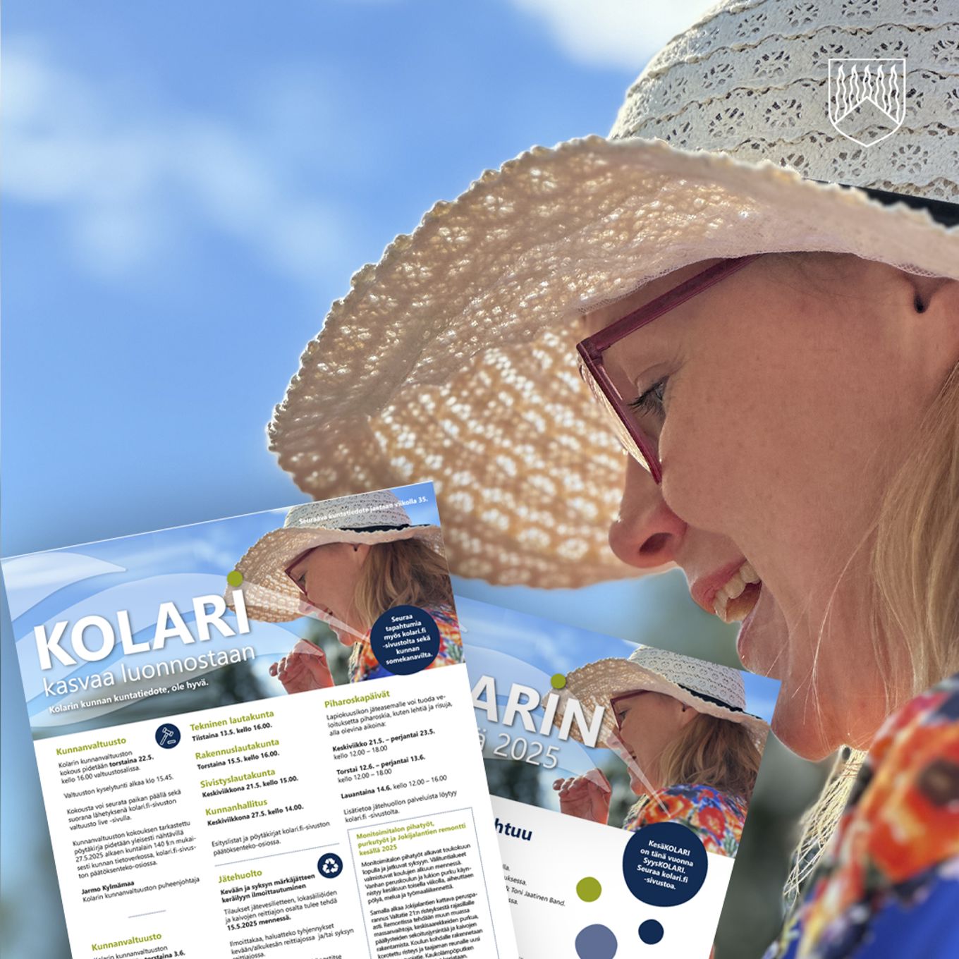 Kuvassa henkilö kesäisessä kukkamekossa lierihattu päässään.