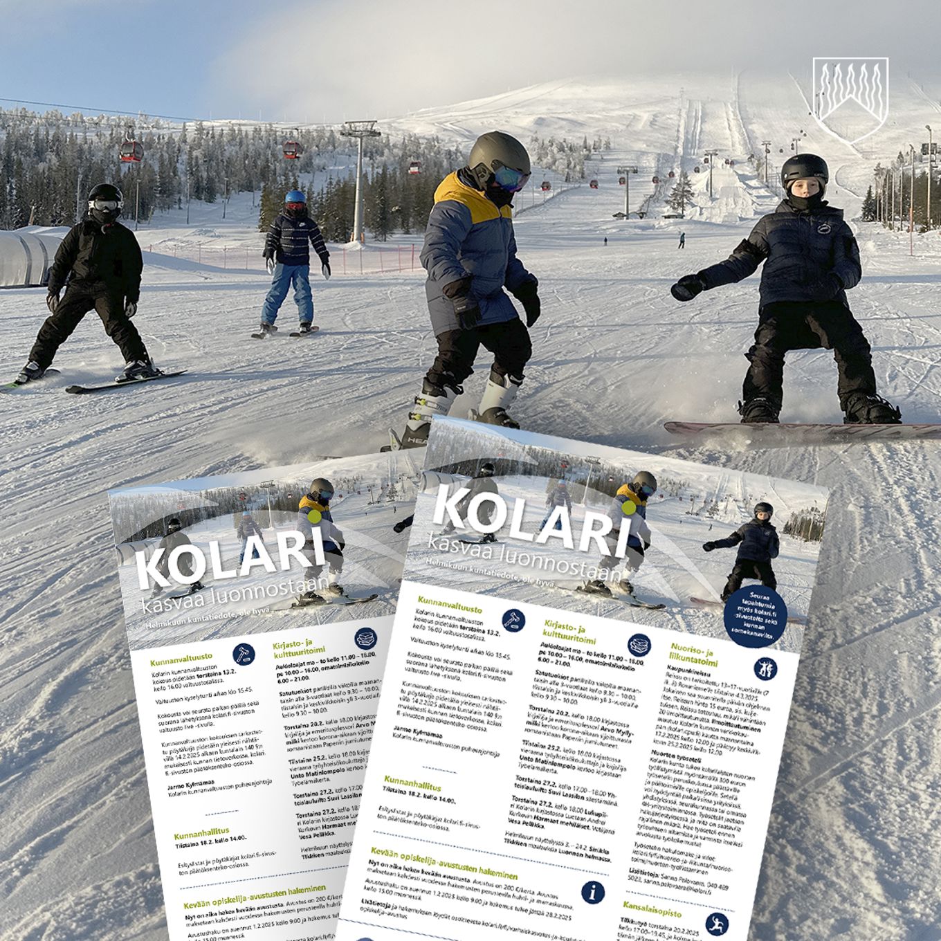 Neljä poikaa kurvailemassa Ylläksen rinteillä.