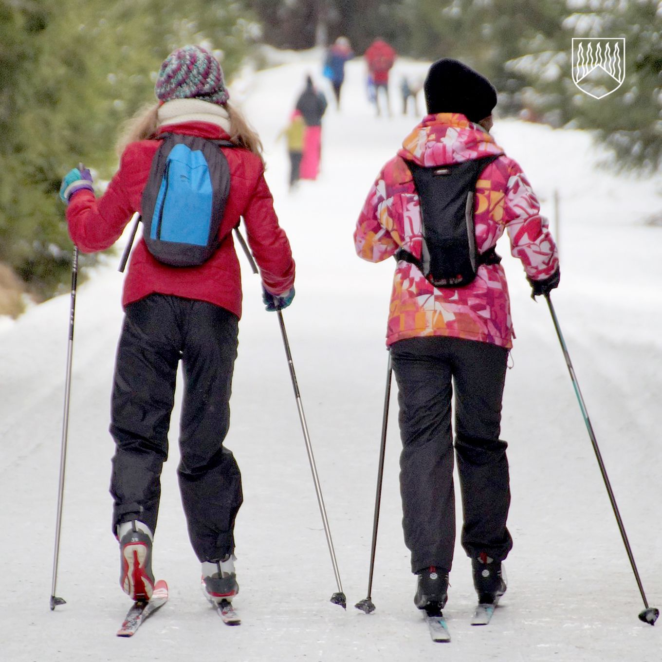 Kuvassa kaksi lasta hiihtoretkellä keväisellä ladulla. Lunta on jäljellä enää ajetulla ladulla.