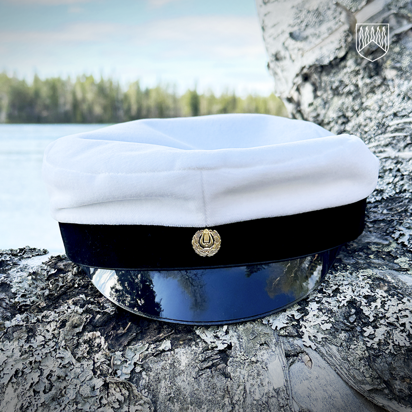 Ylioppilaslakki koivun oksan haaran päällä joen rannassa.