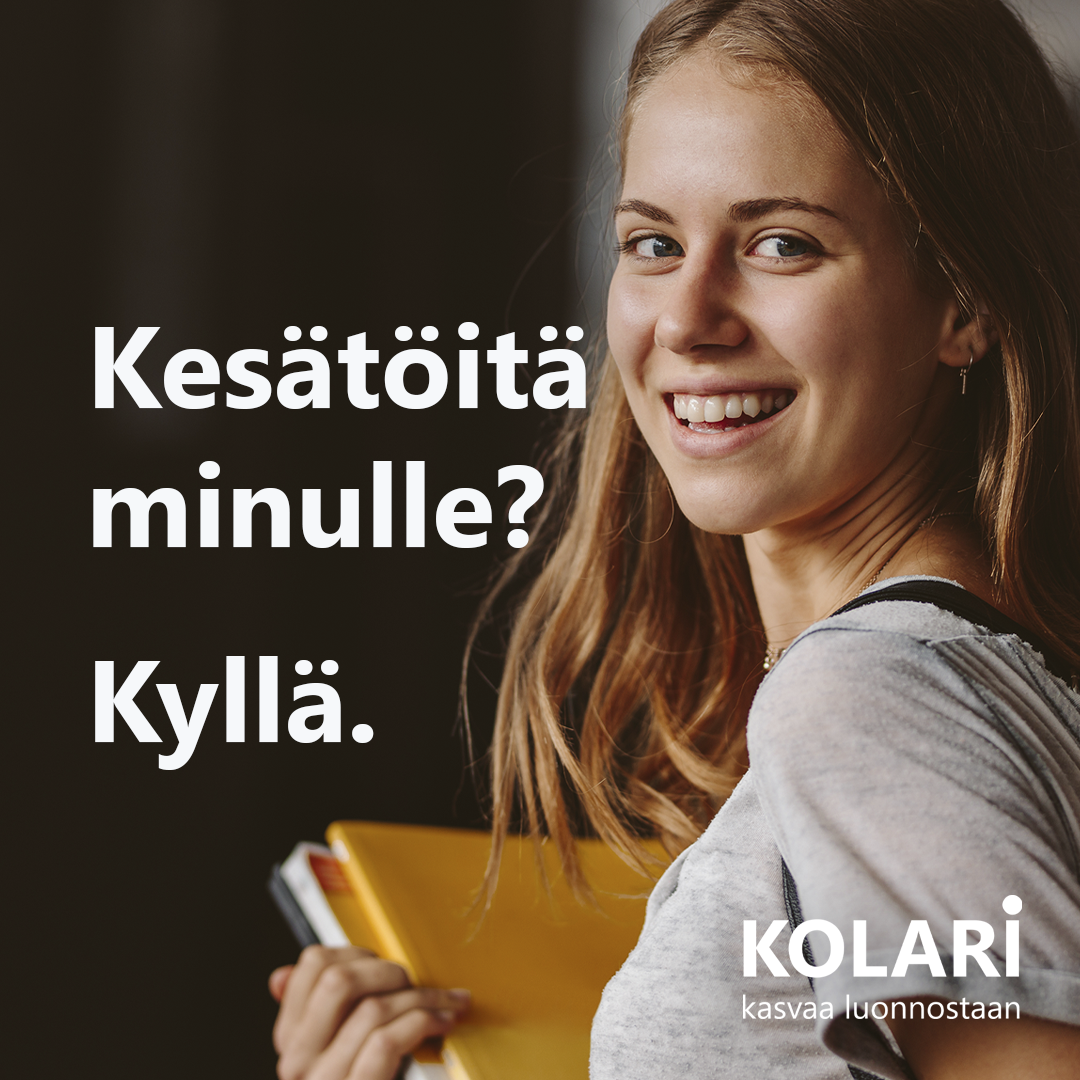 Mainoskuva, jossa henkilö kantaa kirjoja tai kansioita olkapäänsä lähellä. Kuvan vasemmalla puolella on teksti: “Kesätöitä minulle? Kyllä.” Oikeassa alakulmassa näkyy logo ja teksti “Kolari – kasvaa luonnostaan”.