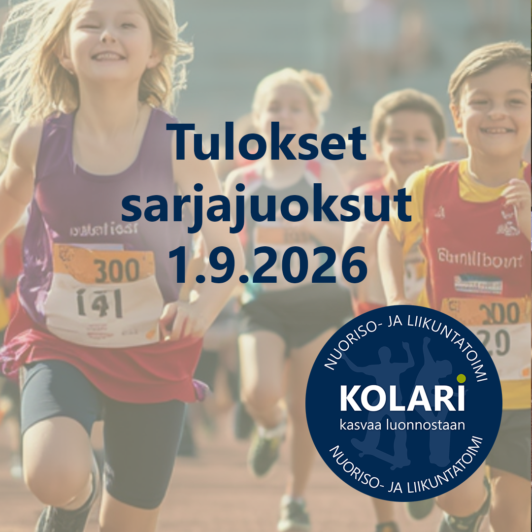 Mainoskuva lasten sarjajuoksujen tuloksista. Taustalla näkyy juoksukilpailuun osallistuvia lapsia juoksemassa radalla.