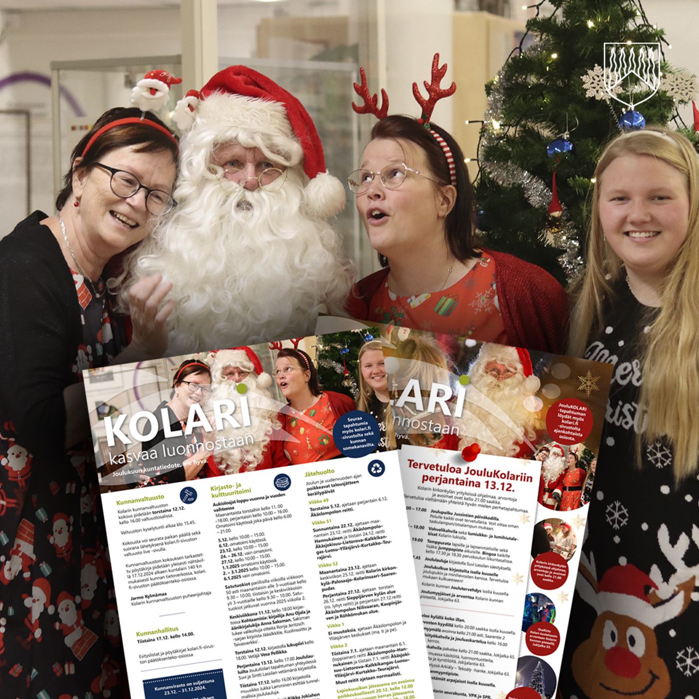 Kuva viime vuoden JouluKOLARI -tapahtumasta yhteislauluhetkestä. Kuvassa tontut Sirpa Tolonen, Suvi ja Sintti Lassila sekä Joulupukki.