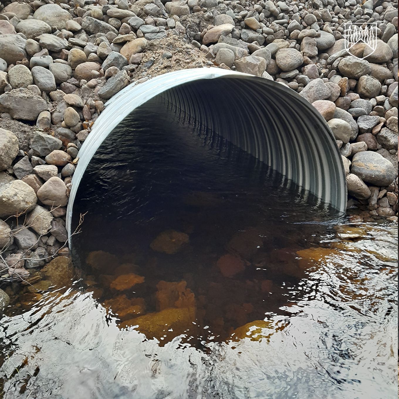 Kuvassa suuri metallirumpu, jonka läpi virtaa vapaata vettä tien alitse.